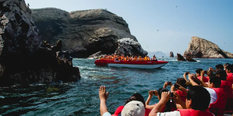 Turistas em barcos vermelhos aproveitam um passeio pelas Ilhas Ballestas, no Peru. Pessoas usando coletes salva-vidas observam e tiram fotos enquanto navegam entre penhascos rochosos e aves marinhas. Uma viagem emocionante para observar a vida selvagem no Pacífico peruano.