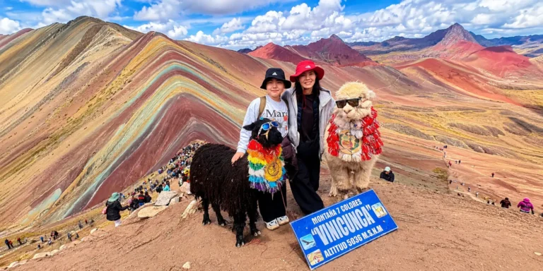 Turistas posando con llamas frente a la Montaña de Colores Vinicunca, Cusco, Perú