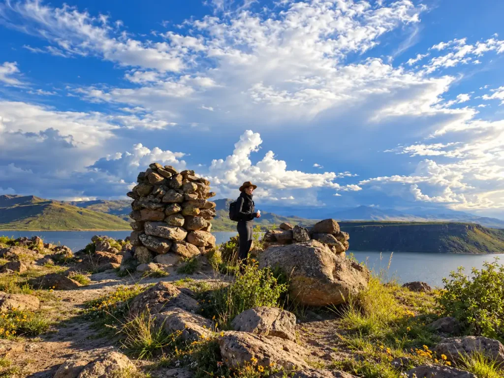 Turista en un mirador rocoso con vista al lago Umayo y al paisaje andino de Sillustani, Puno, Perú